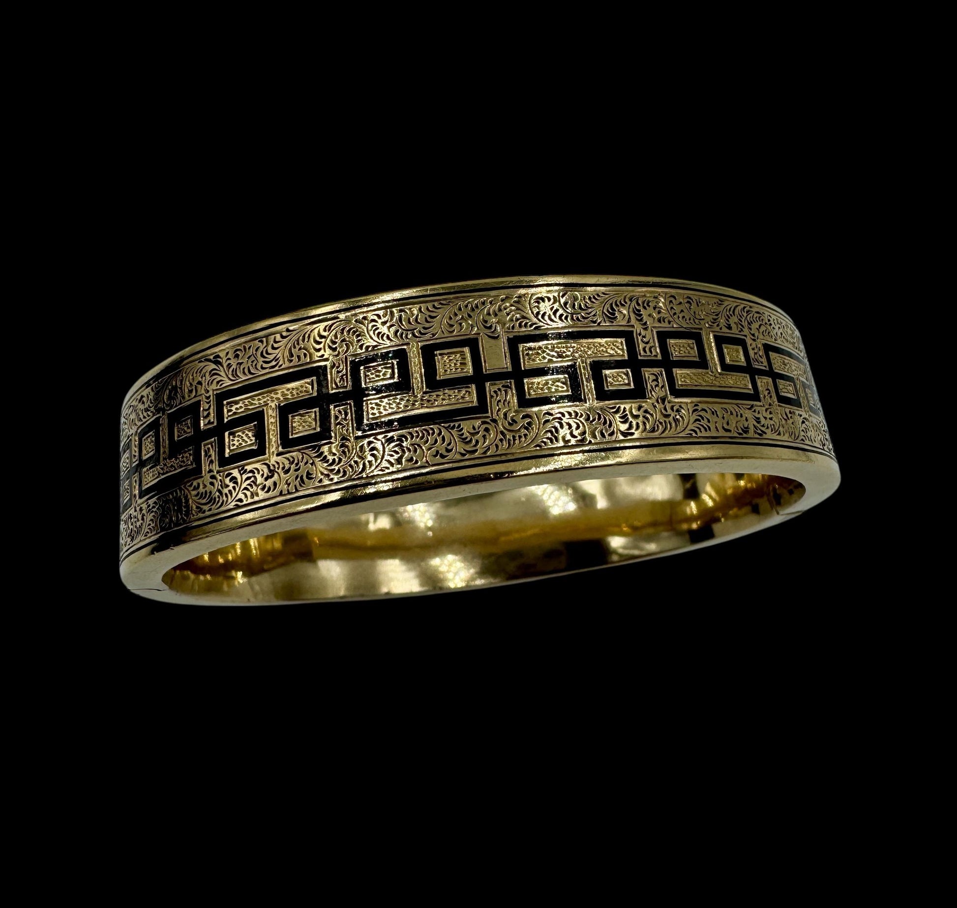 Vtg Antique Gold Filled Victorian Black Enamel Ornate Hinged Bangle Bracelet