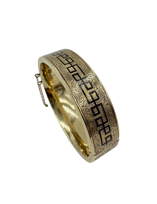 Vtg Antique Gold Filled Victorian Black Enamel Ornate Hinged Bangle Bracelet