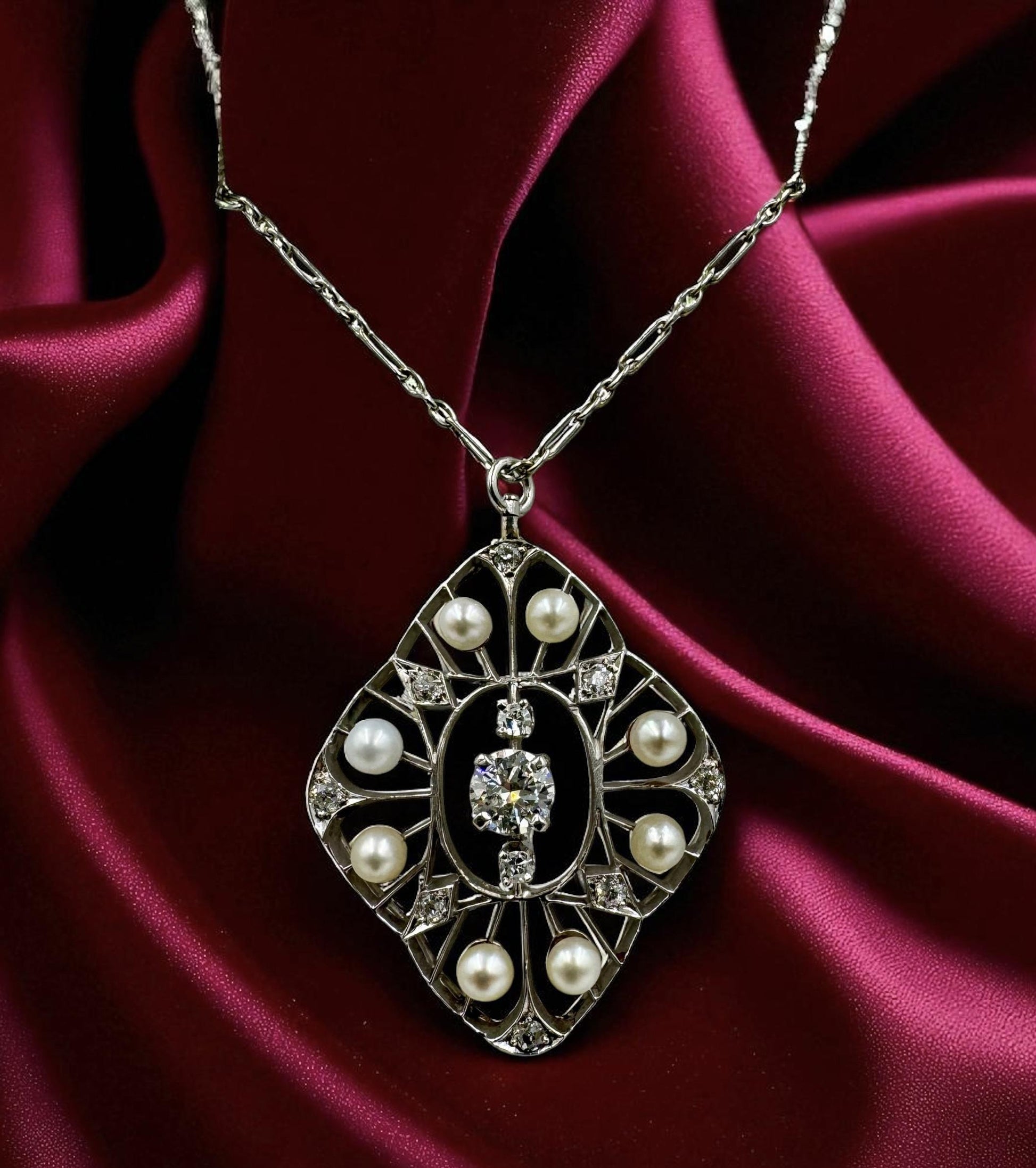 Edwardian Platinum Diamond Pearl Pendant Necklace