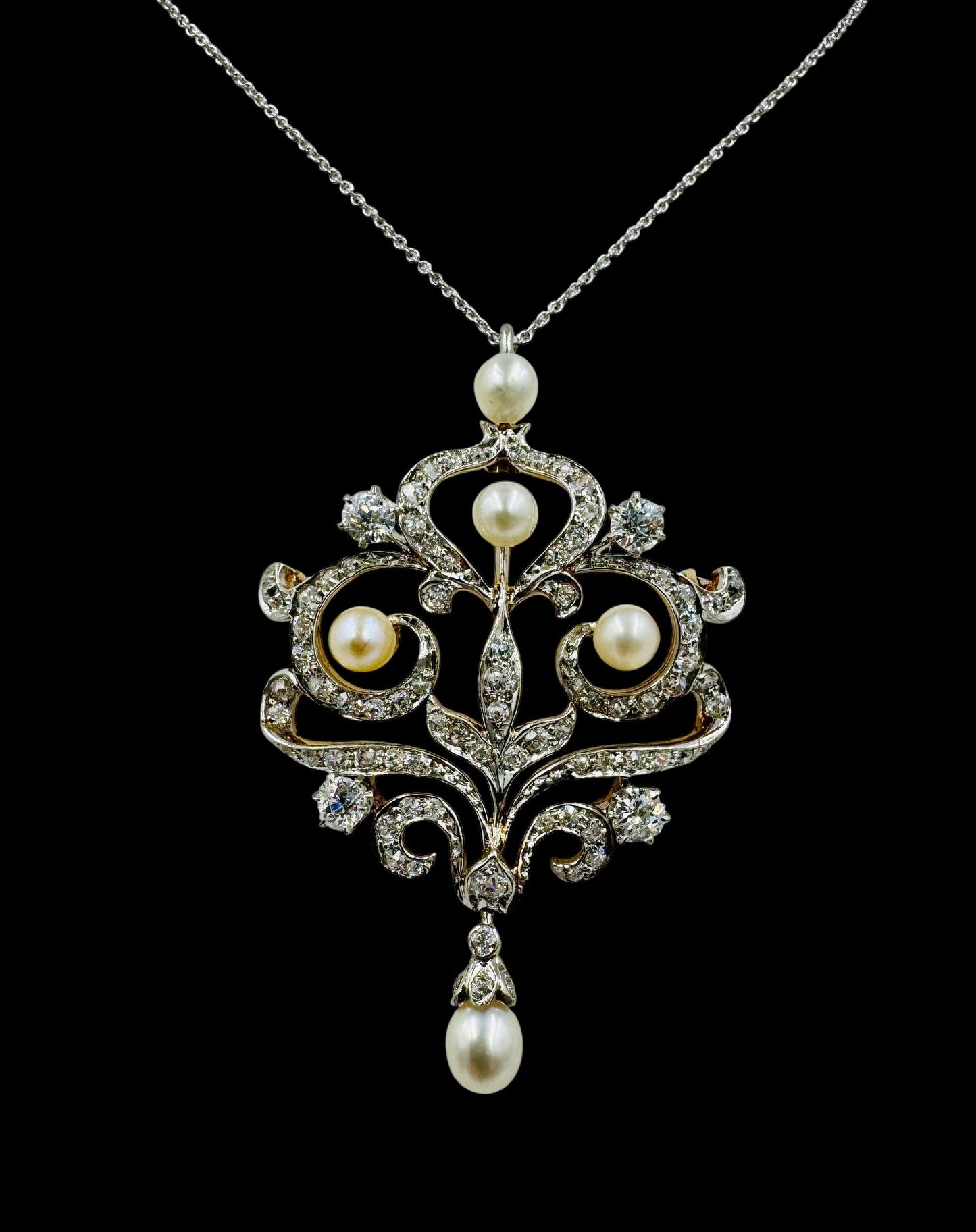 Edwardian Platinum and 14k Gold Diamond Pendant Brooch Necklace Combo