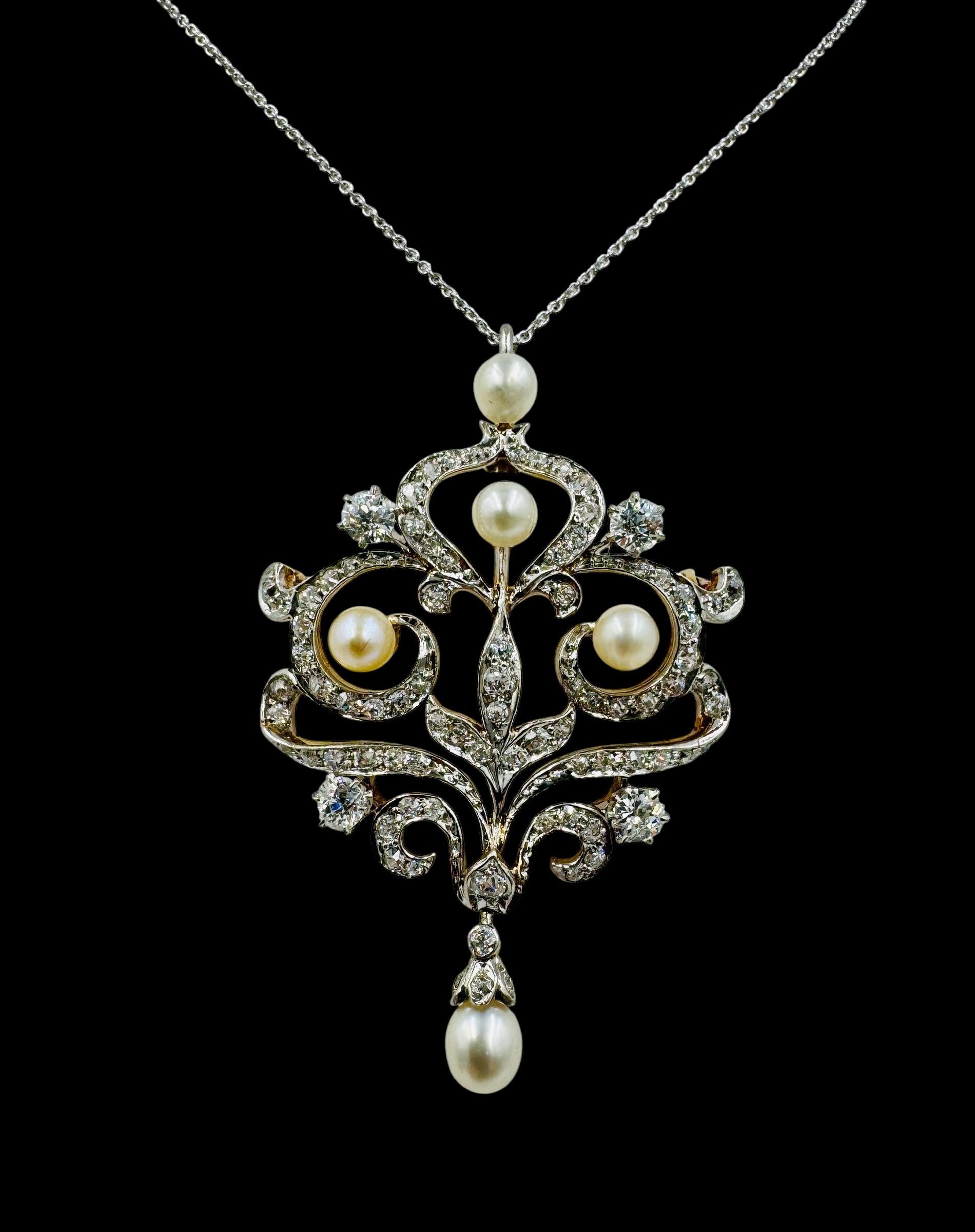 Edwardian Platinum and 14k Gold Diamond Pendant Brooch Necklace Combo