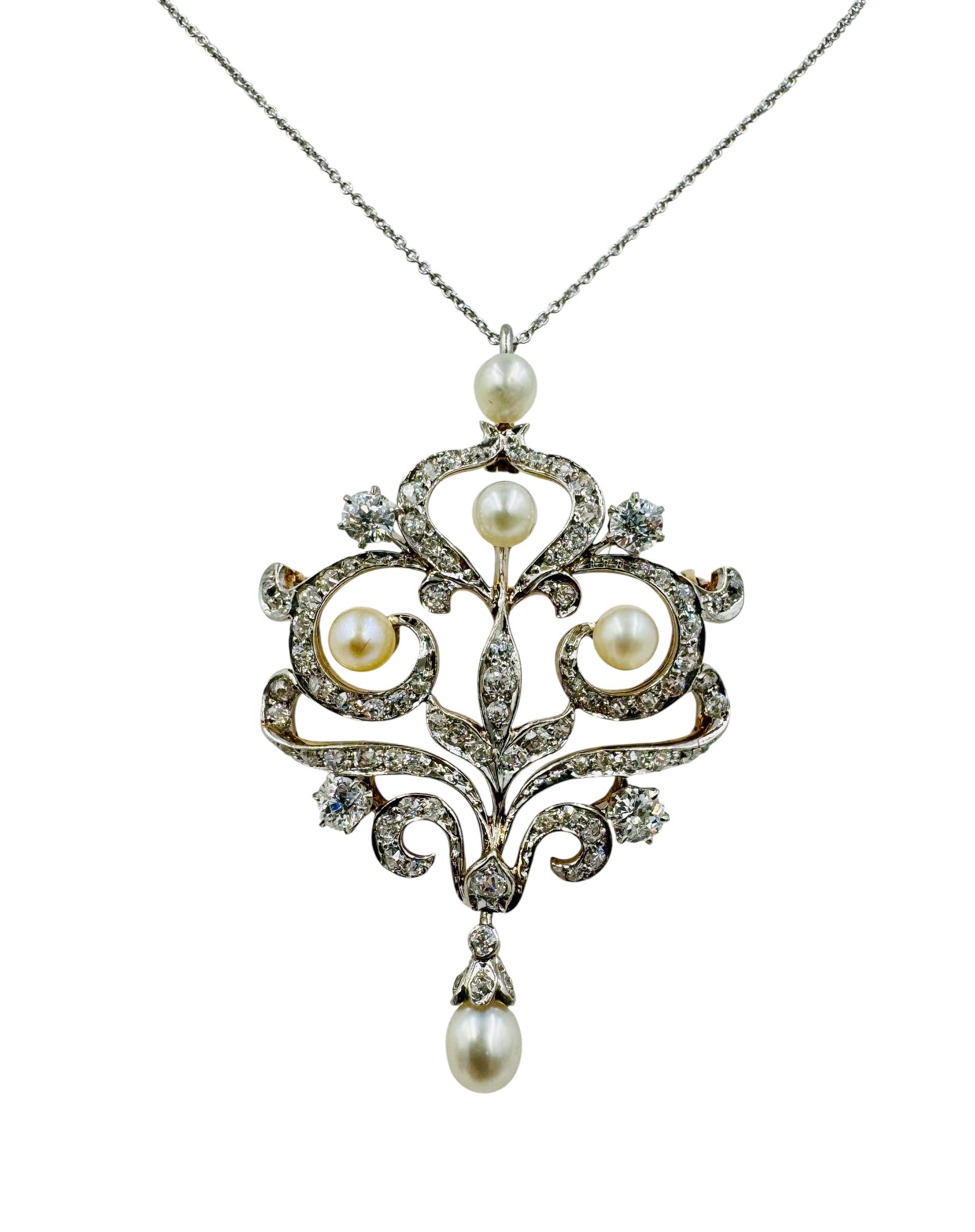 Edwardian Platinum and 14k Gold Diamond Pendant Brooch Necklace Combo