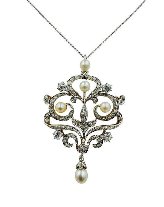 Edwardian Platinum and 14k Gold Diamond Pendant Brooch Necklace Combo