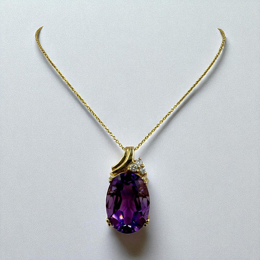 Estate 14k Gold Amethyst Diamond Pendant Necklace
