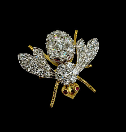 Vintage Herbert Rosenthal 18K Gold Diamond Ruby Eyes Bumble Bee XL Brooch Pin