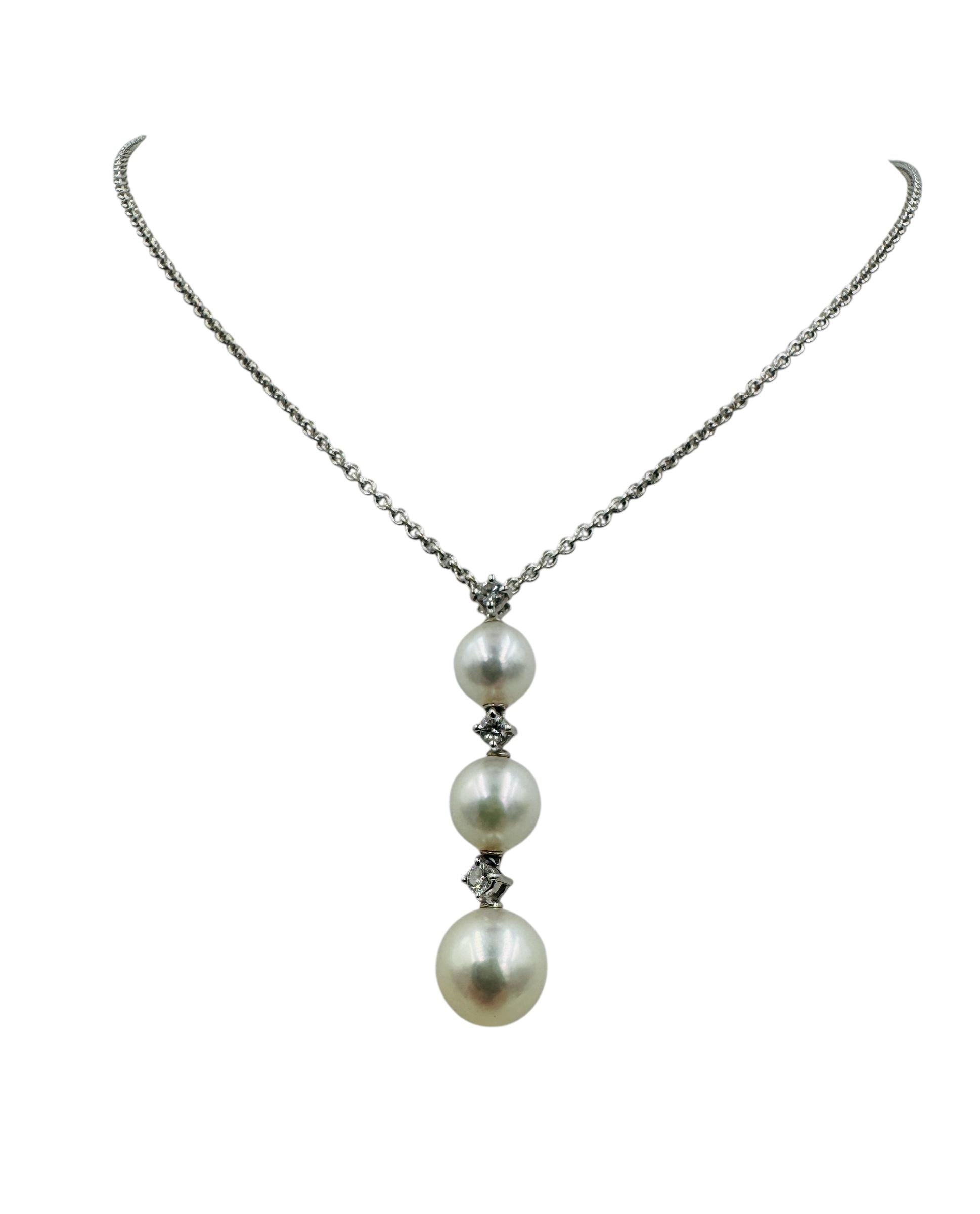 Mikimoto 18k White Gold Diamond and Pearl Drop Pendant 18"
