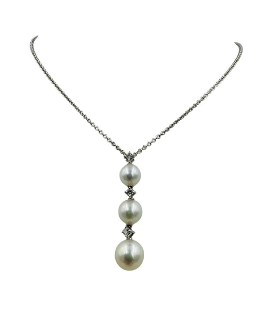 Mikimoto 18k White Gold Diamond and Pearl Drop Pendant 18"