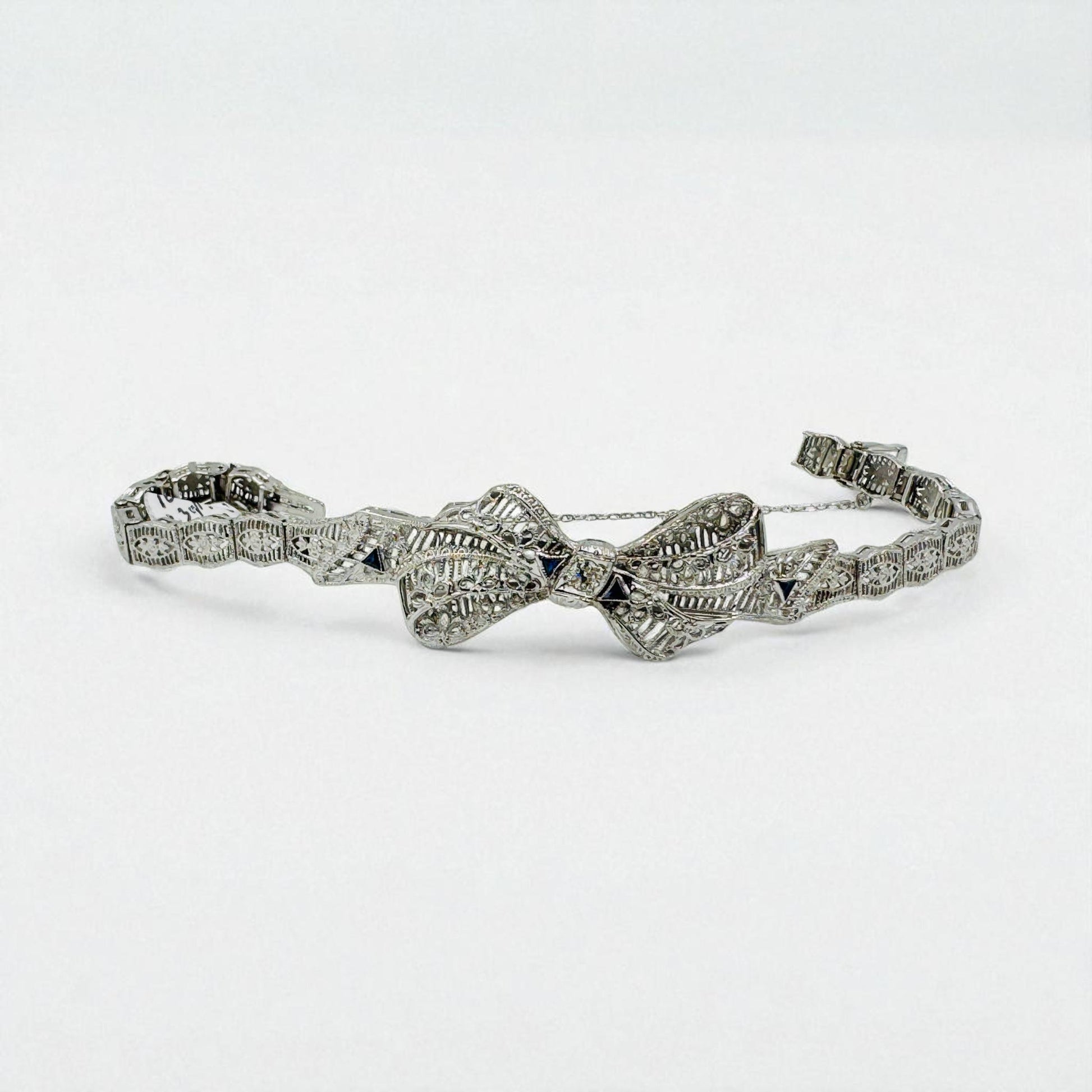 Art Deco 10k White Gold Filigree Diamond Bow Bracelet