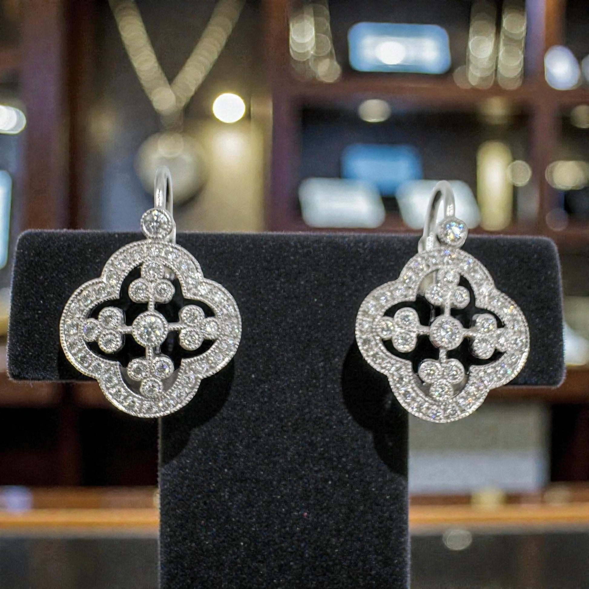 Designer Signed 18k White Gold Diamond dangle Earrings Lever Backs