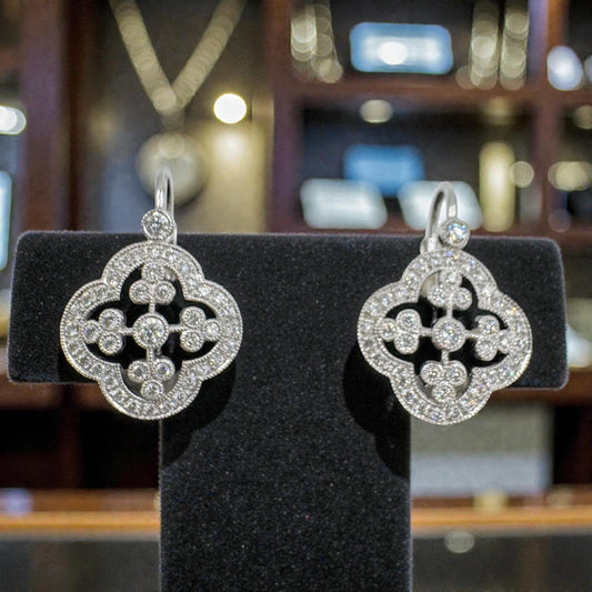 Designer Signed 18k White Gold Diamond dangle Earrings Lever Backs