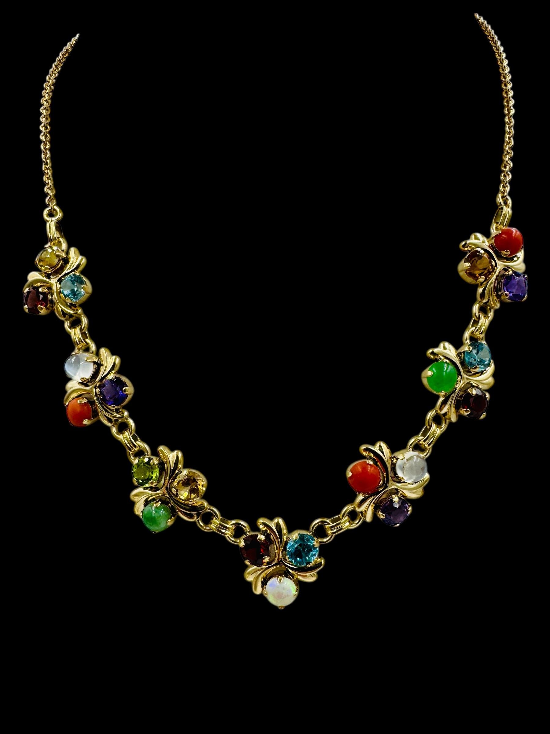 1950's 14k Gold Multi Gemstone Necklace Zircon Coral