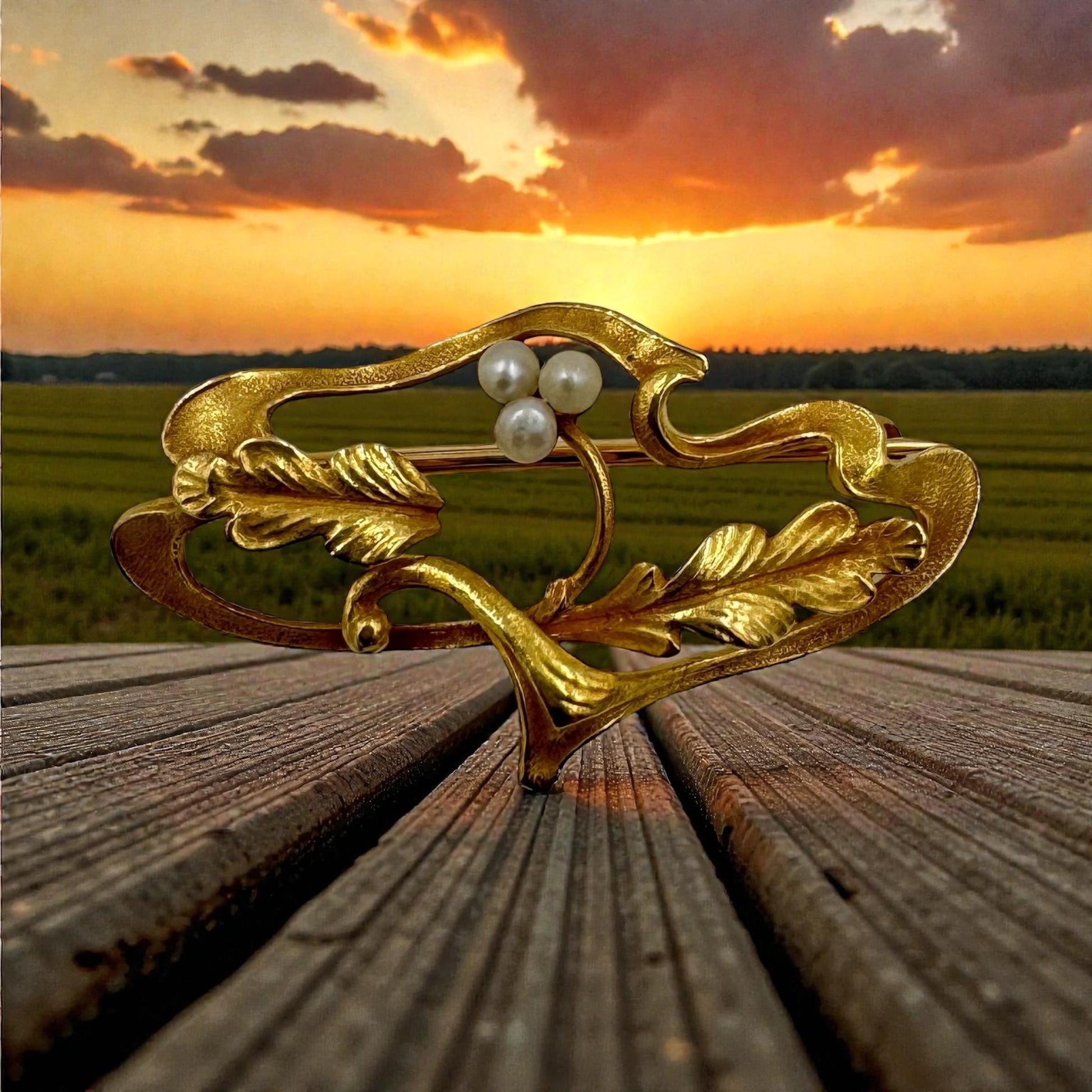 Art Nouveau 14k gold Signed Pearl Brooch Pin