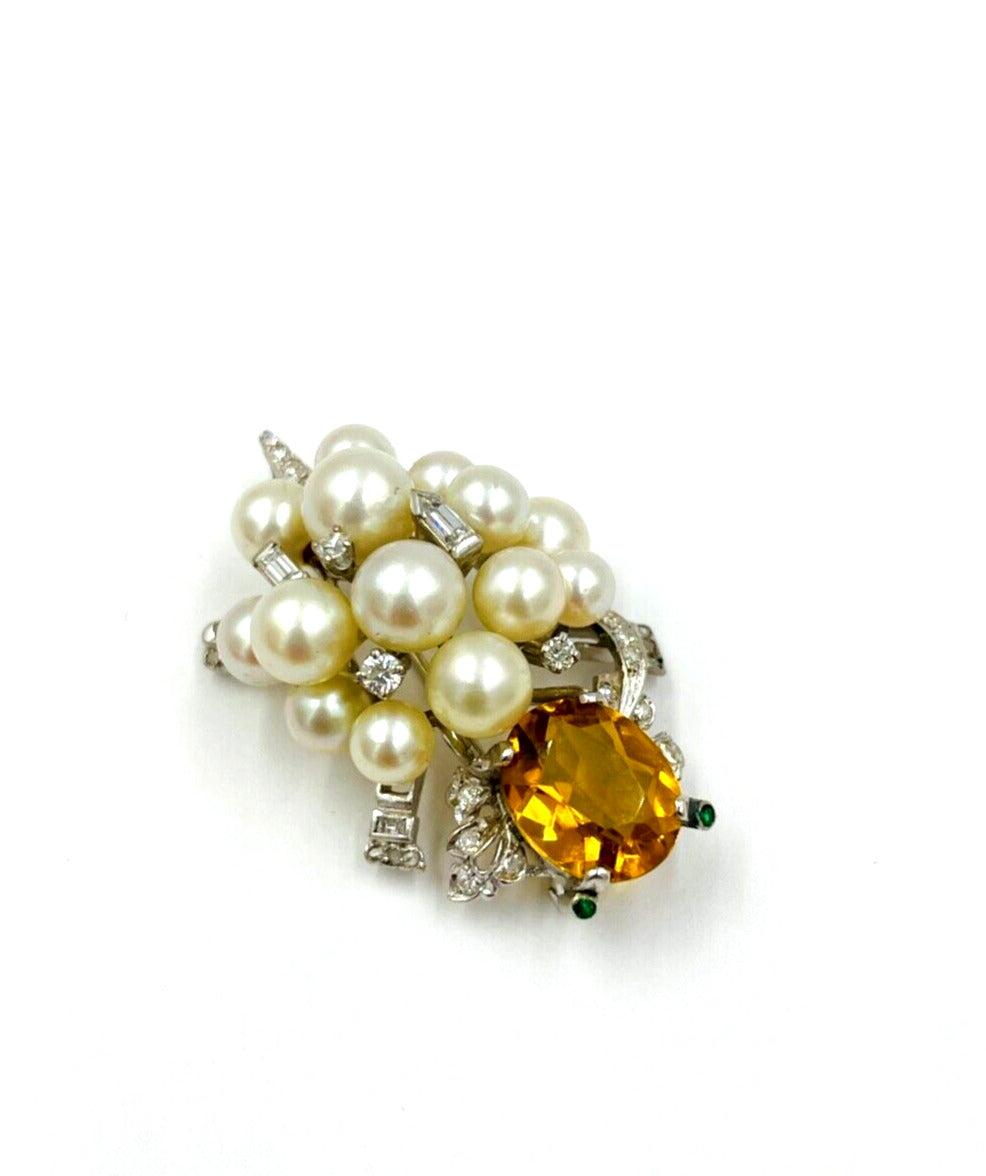 Vintage 14k White Gold Citrine Diamond Turtle Pin Brooch Emerald eyes