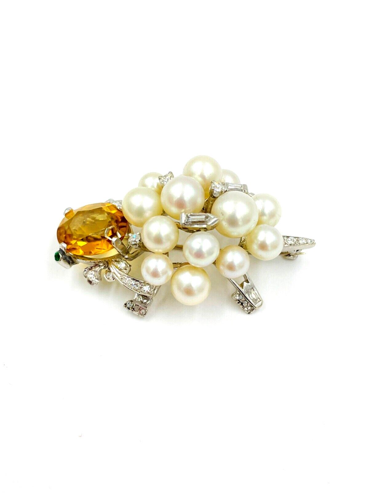 Vintage 14k White Gold Citrine Diamond Turtle Pin Brooch Emerald eyes