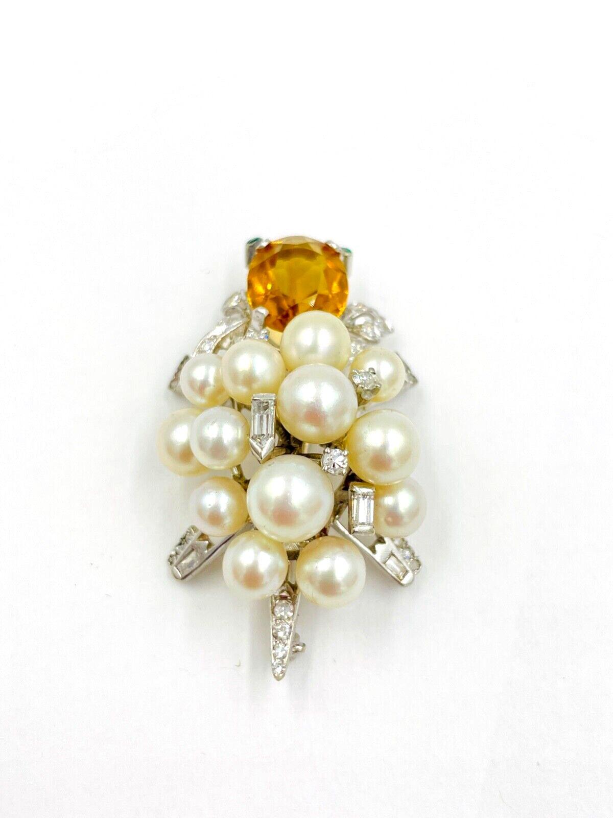 Vintage 14k White Gold Citrine Diamond Turtle Pin Brooch Emerald eyes