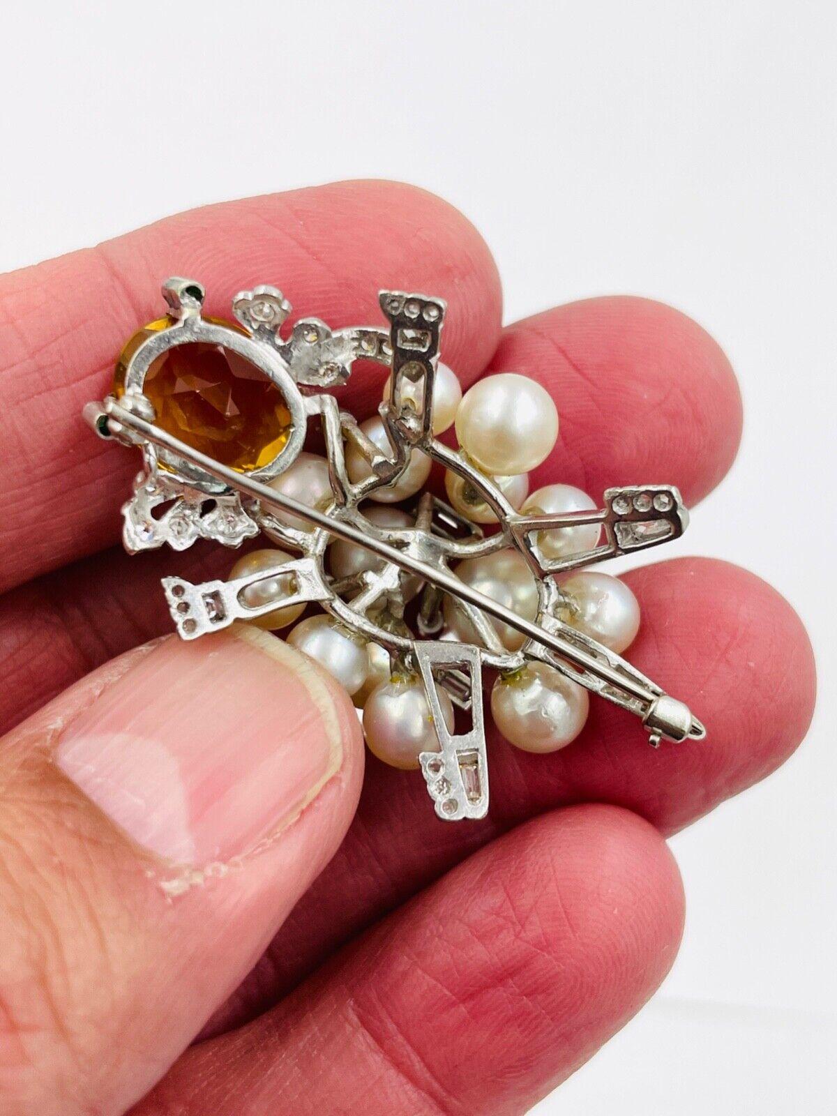 Vintage 14k White Gold Citrine Diamond Turtle Pin Brooch Emerald eyes