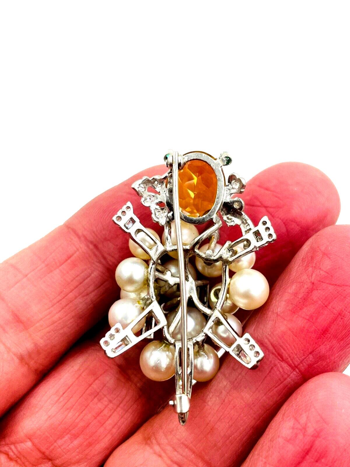 Vintage 14k White Gold Citrine Diamond Turtle Pin Brooch Emerald eyes