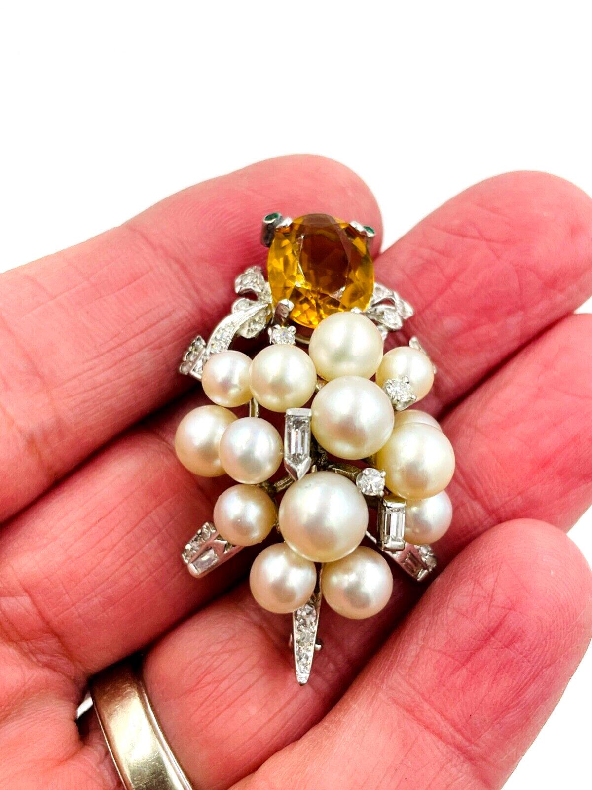 Vintage 14k White Gold Citrine Diamond Turtle Pin Brooch Emerald eyes