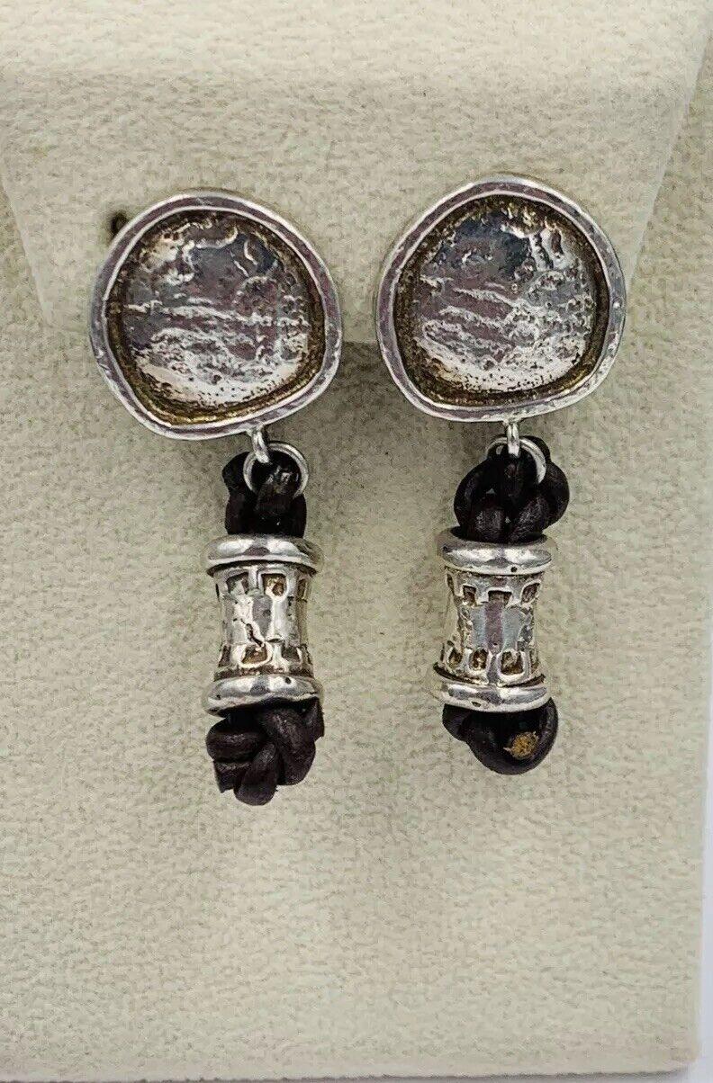Vintage English Sterling Silver Hammered Finish Dangle Clip Earrings Leather