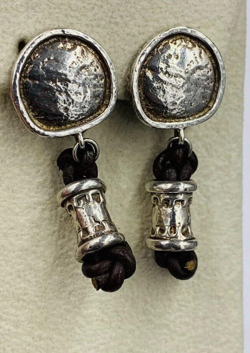Vintage English Sterling Silver Hammered Finish Dangle Clip Earrings Leather