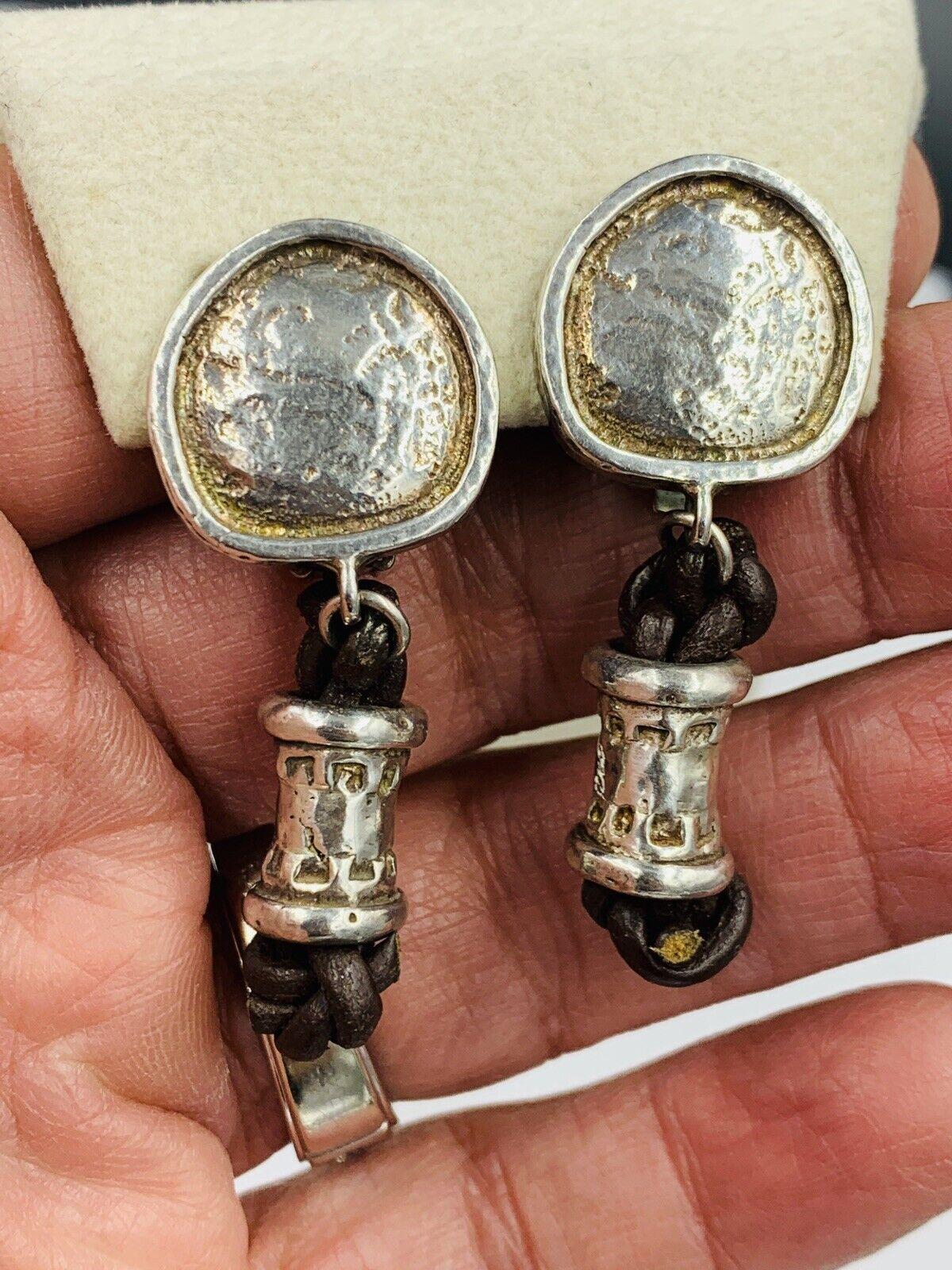 Vintage English Sterling Silver Hammered Finish Dangle Clip Earrings Leather