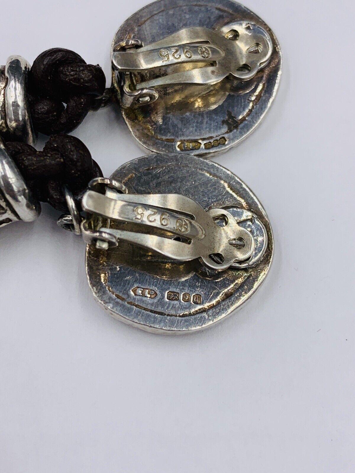 Vintage English Sterling Silver Hammered Finish Dangle Clip Earrings Leather