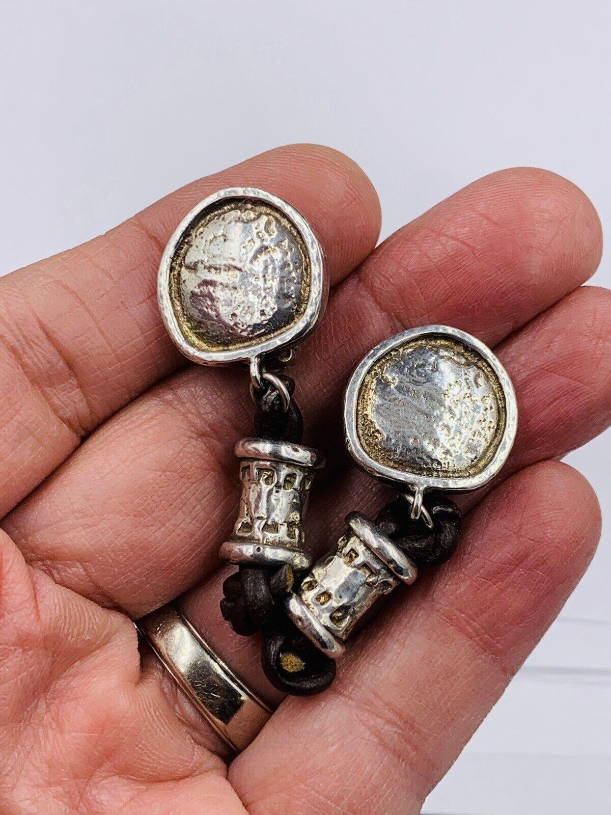 Vintage English Sterling Silver Hammered Finish Dangle Clip Earrings Leather