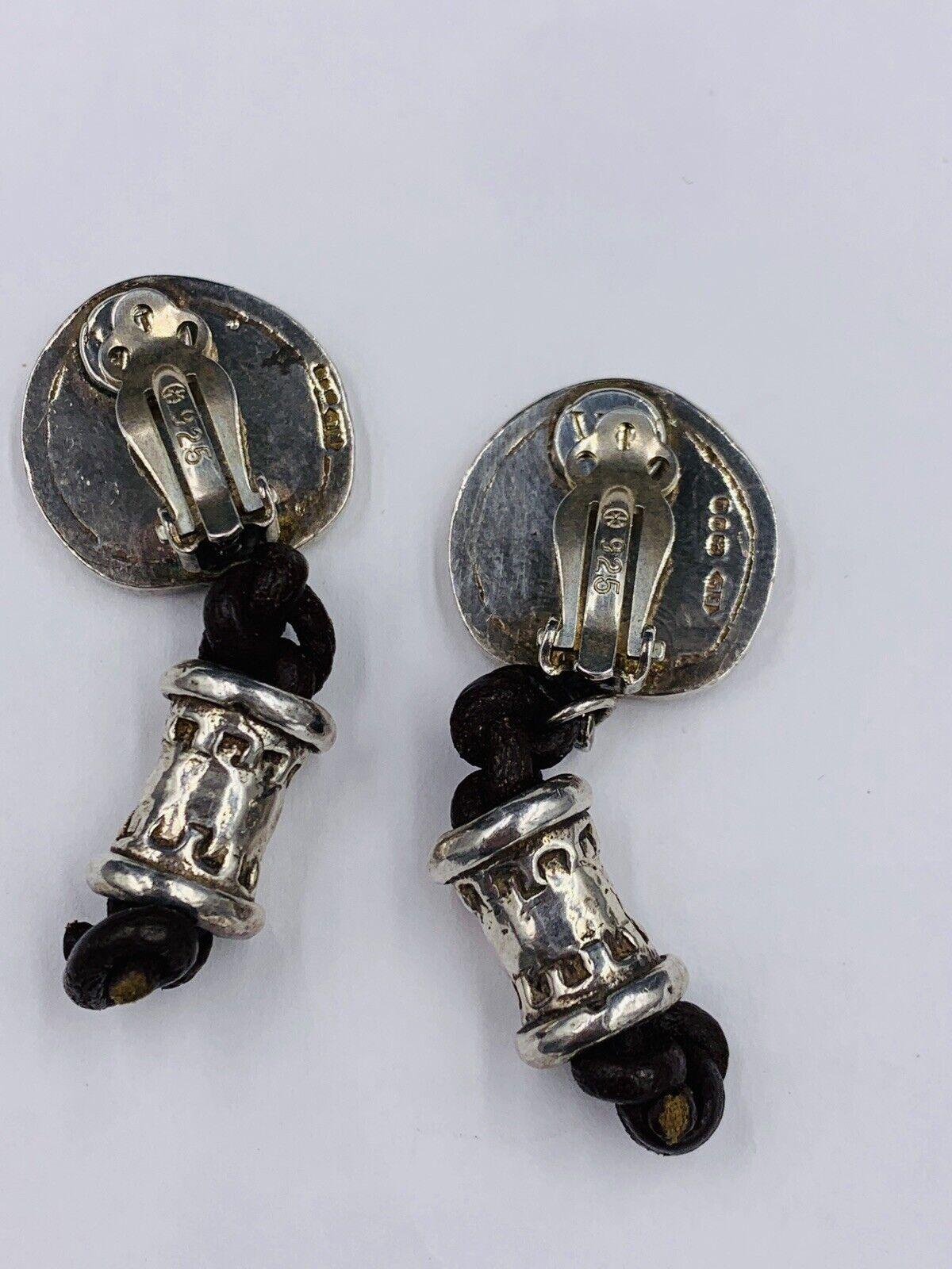 Vintage English Sterling Silver Hammered Finish Dangle Clip Earrings Leather