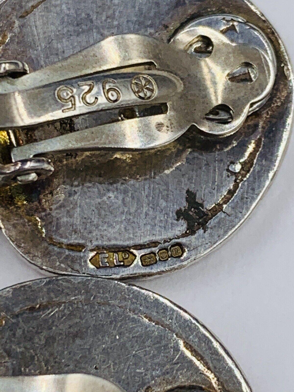 Vintage English Sterling Silver Hammered Finish Dangle Clip Earrings Leather