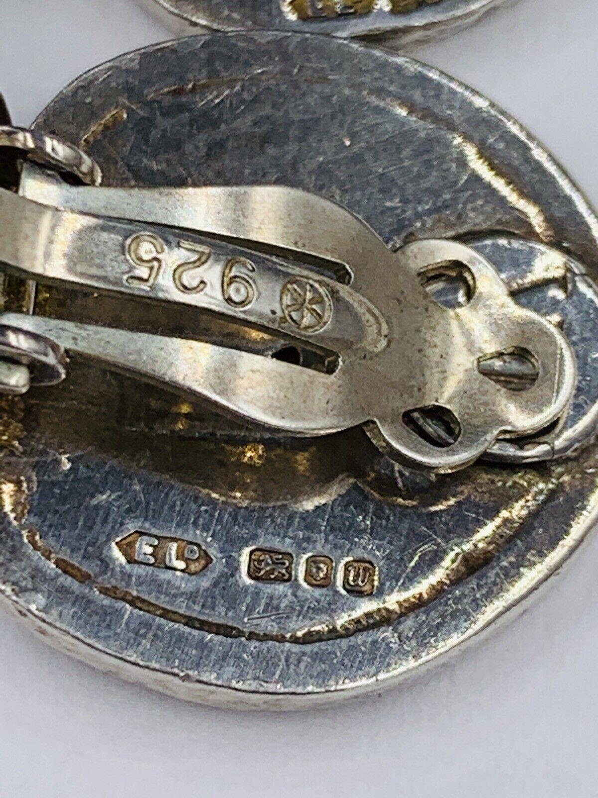 Vintage English Sterling Silver Hammered Finish Dangle Clip Earrings Leather