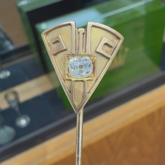Antique Art Deco Old Mine Cut Diamond Geometric Stick Pin 14k