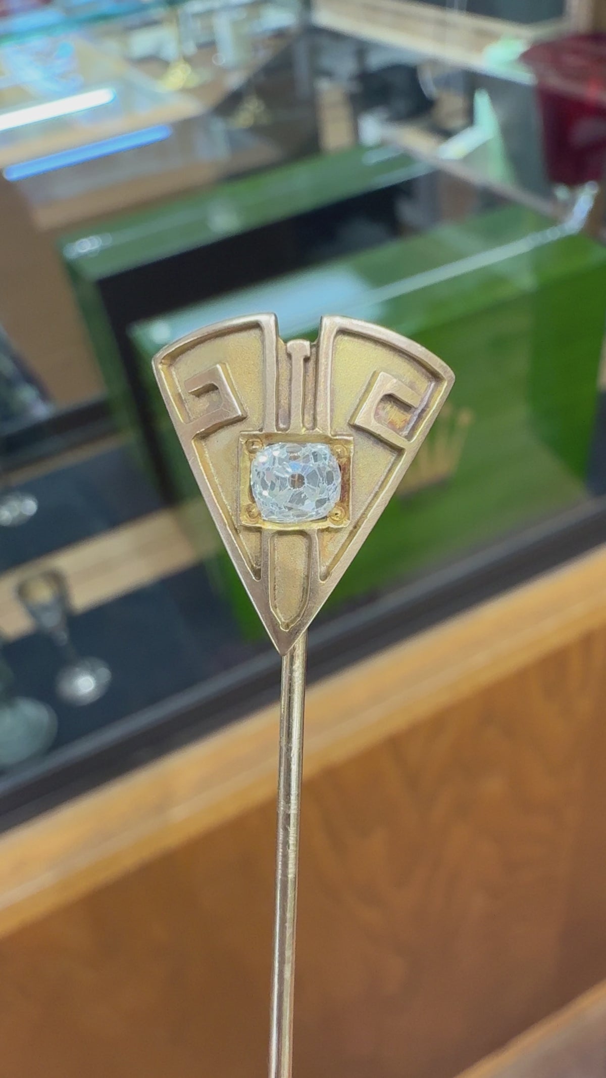 Antique Art Deco Old Mine Cut Diamond Geometric Stick Pin 14k