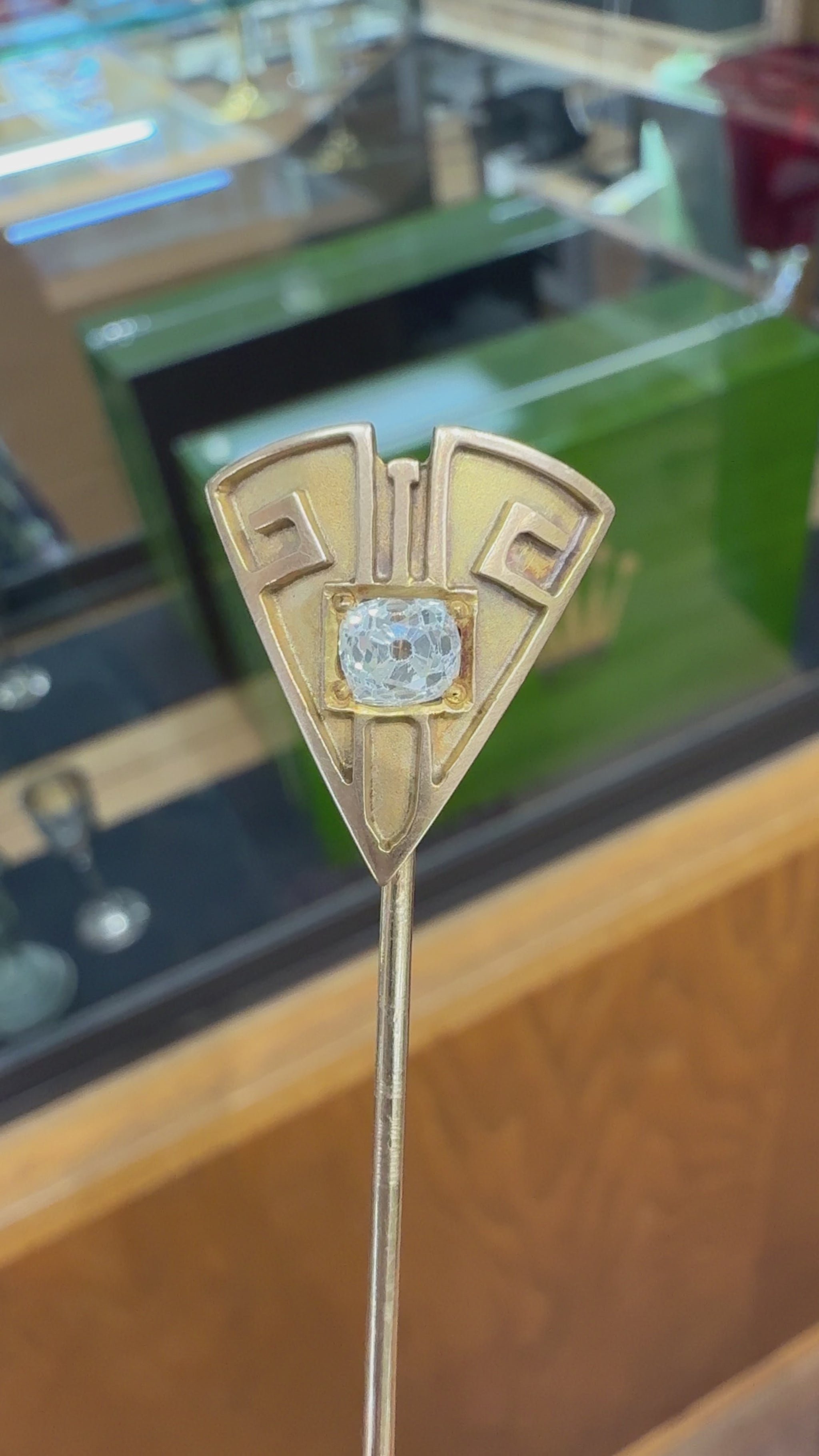 Antique Art Deco Old Mine Cut Diamond Geometric Stick Pin 14k