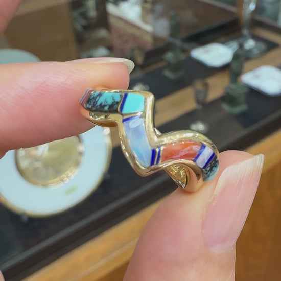 Navajo Zuni Inlaid Turquoise Coral and Opal Wavy Zigzag Band Ring 14k