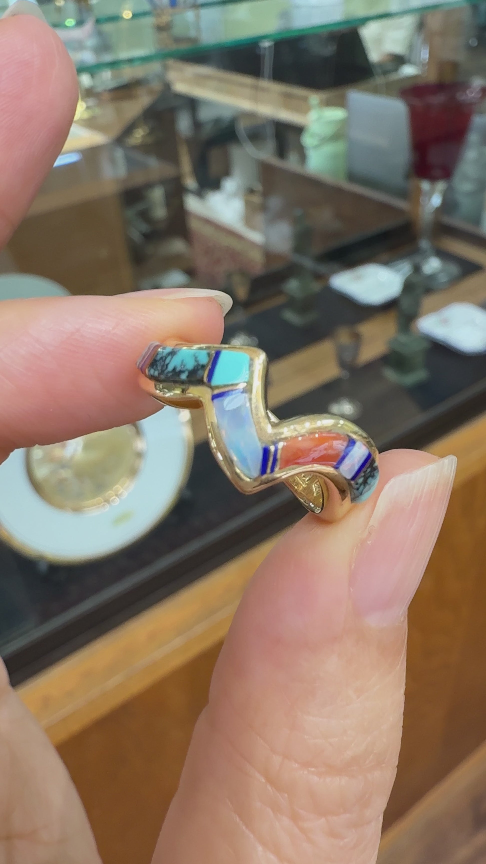Navajo Zuni Inlaid Turquoise Coral and Opal Wavy Zigzag Band Ring 14k