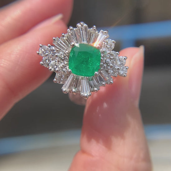 1960's Columbian Emerald and Diamond Ballerina Ring 14k White Gold