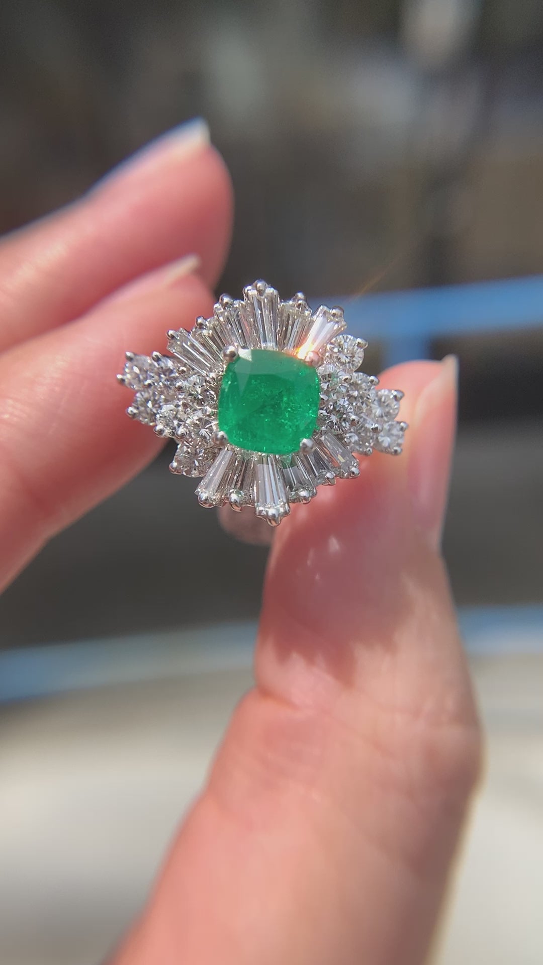 1960's Columbian Emerald and Diamond Ballerina Ring 14k White Gold