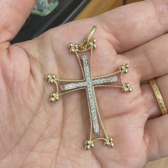 Large Two Tone Diamond Cross Pendant 14/18k Gold