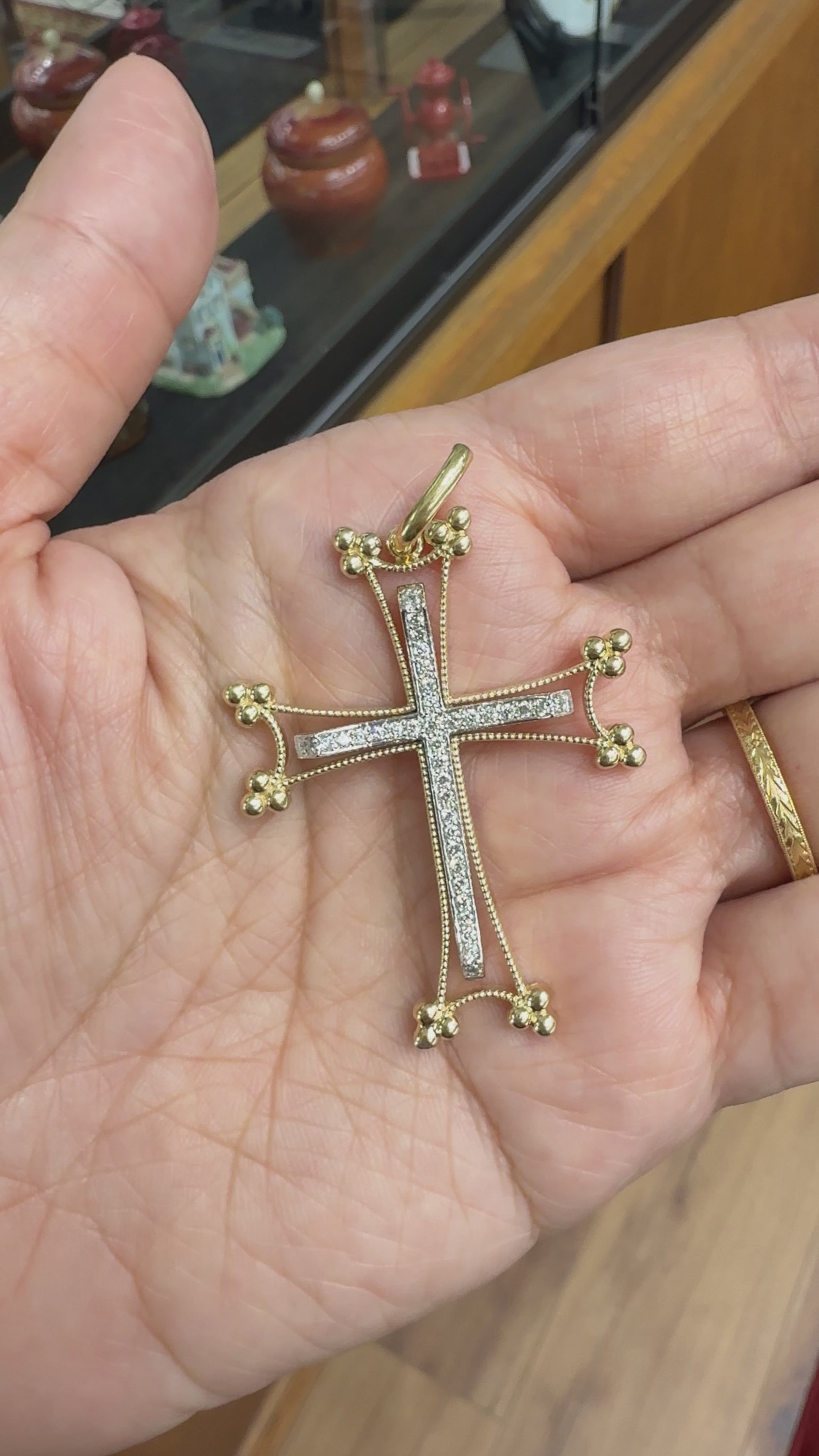 Large Two Tone Diamond Cross Pendant 14/18k Gold