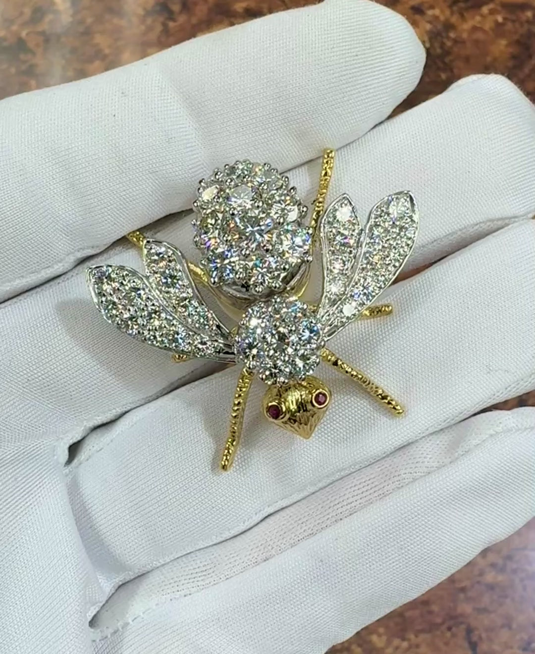 Vintage Herbert Rosenthal 18K Gold Diamond Ruby Eyes Bumble Bee XL Brooch Pin