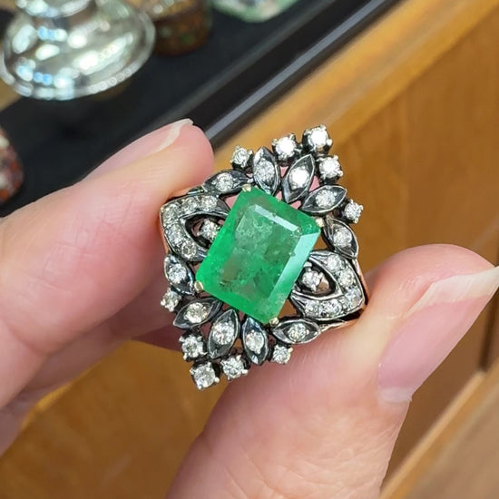 Vintage Lab Grown Emerald and Diamond Ring Silver and 14k Yellow Gold