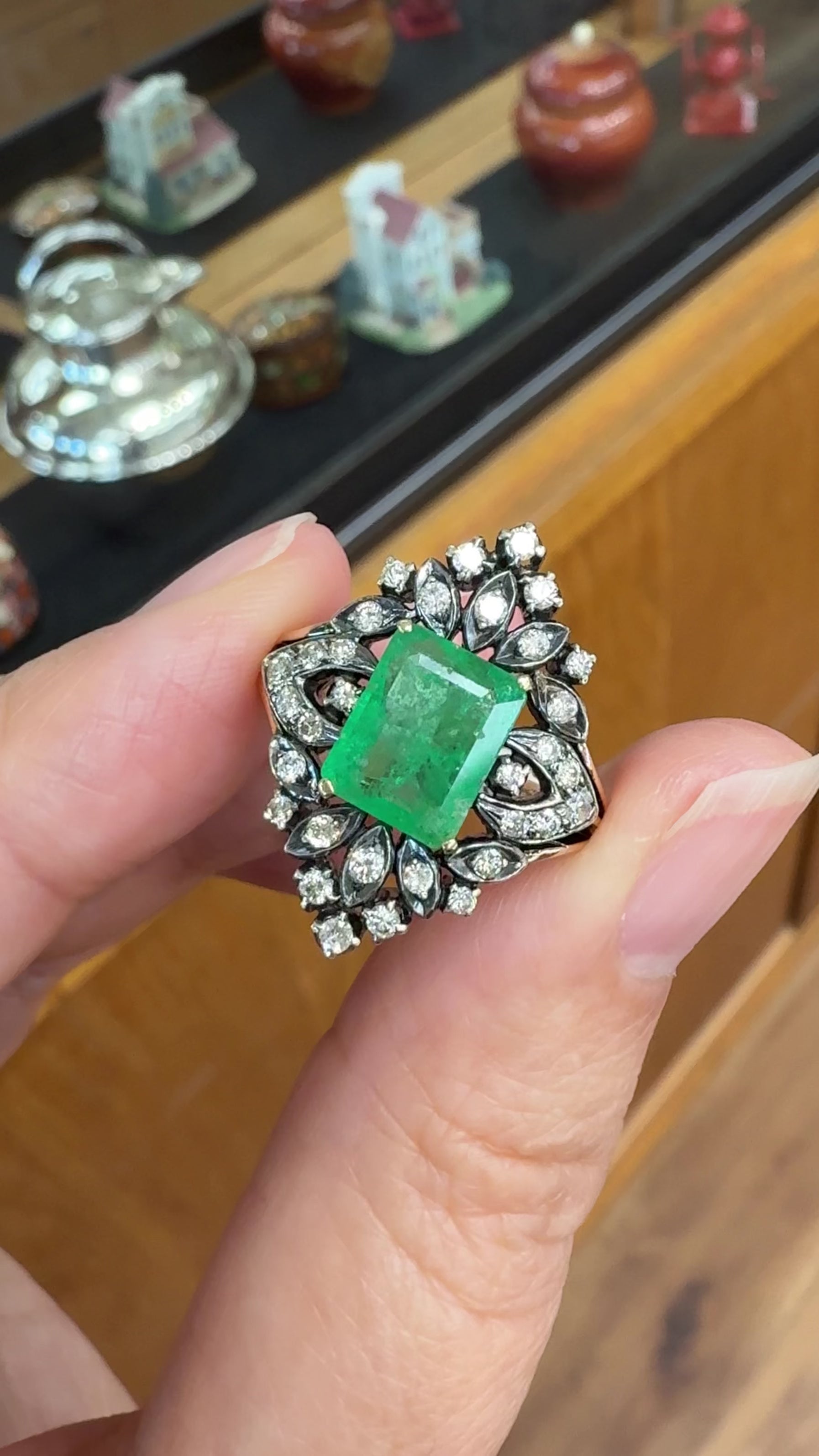 Vintage Lab Grown Emerald and Diamond Ring Silver and 14k Yellow Gold