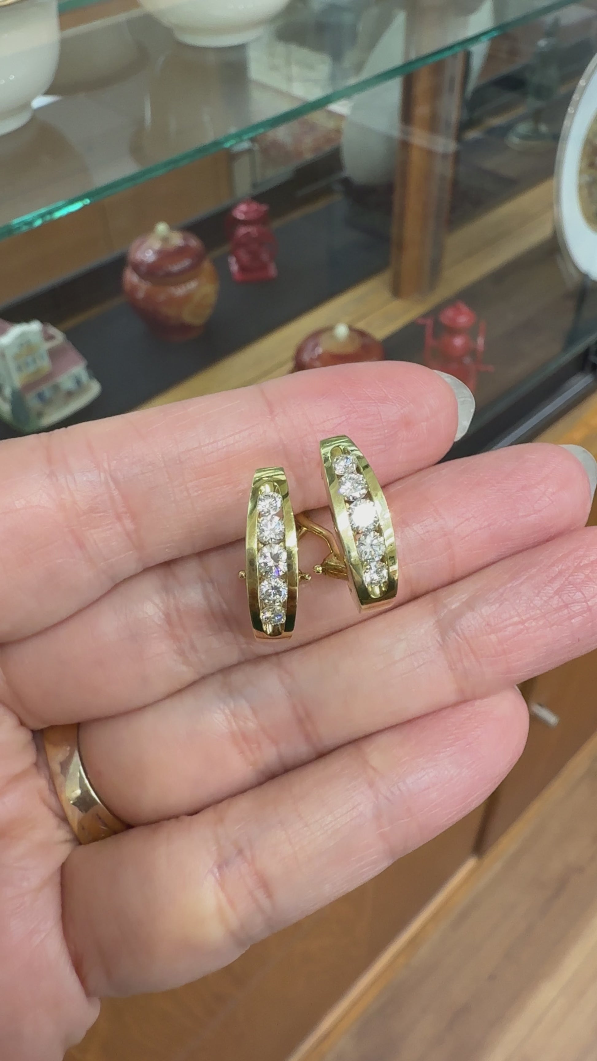 Diamond Half Hoop Earrings Omega Backs 18k yellow Gold