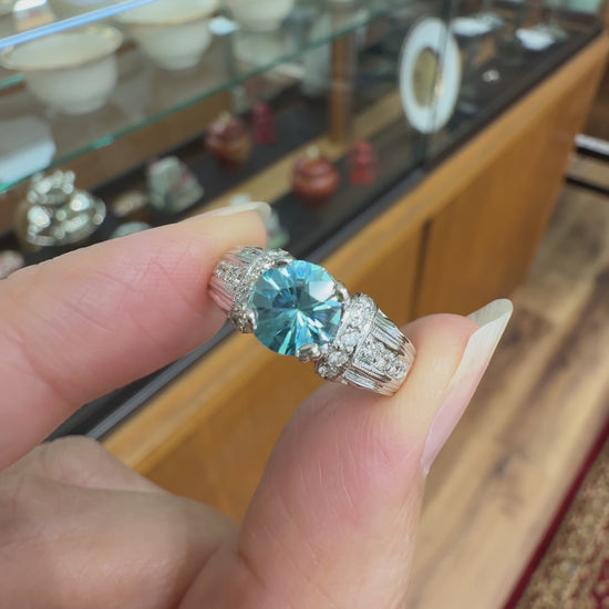 Blue Zircon and Diamond Ring 18k White Gold