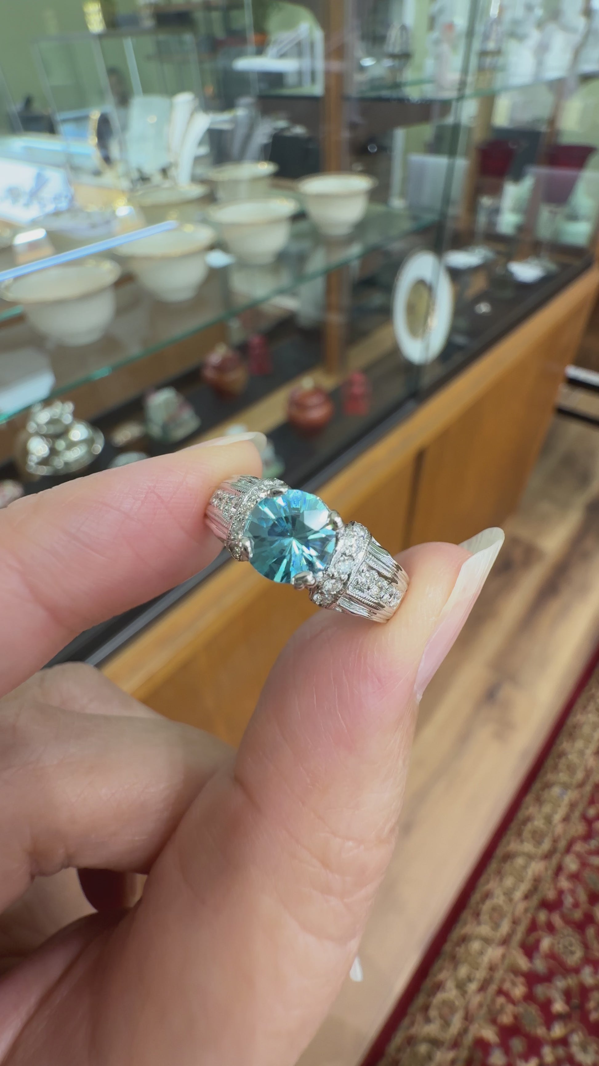 Blue Zircon and Diamond Ring 18k White Gold