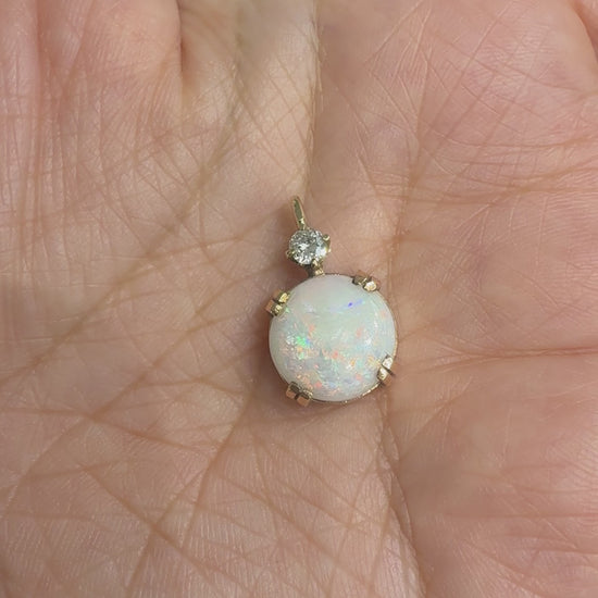Vintage Opal and Old Mine Cut Diamond Necklace 14k Yellow Gold