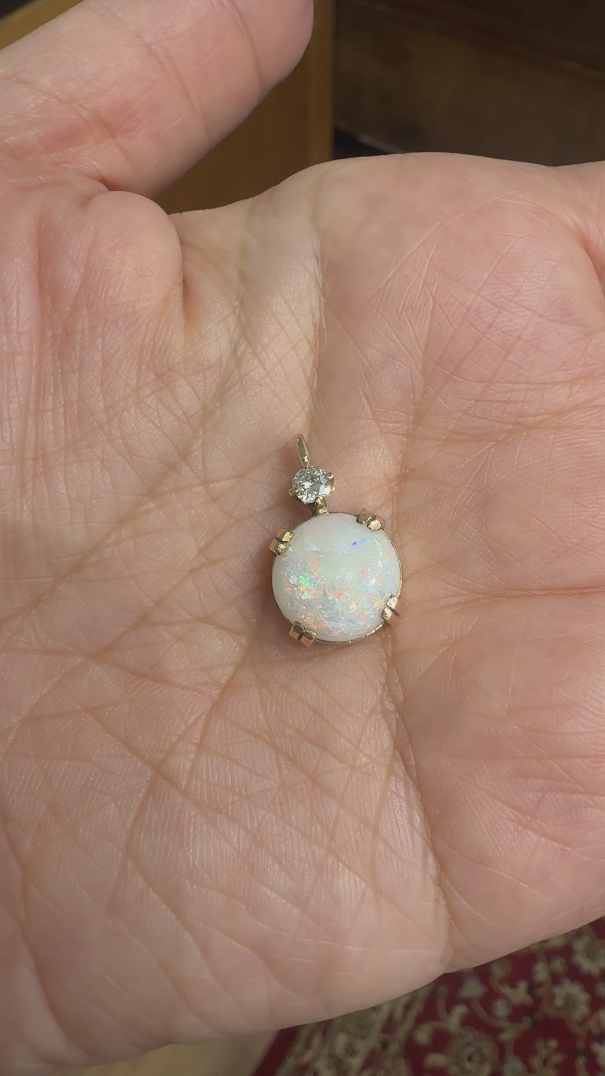 Vintage Opal and Old Mine Cut Diamond Necklace 14k Yellow Gold