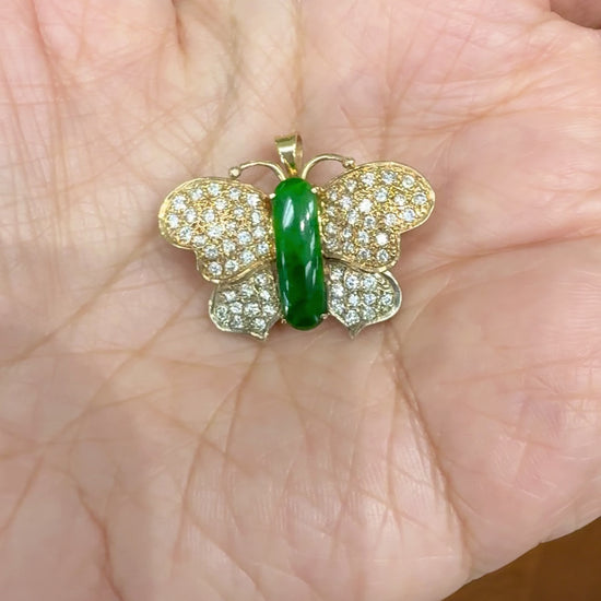 Vintage 1970's Jade Diamond Butterfly Brooch and Pendant 14k