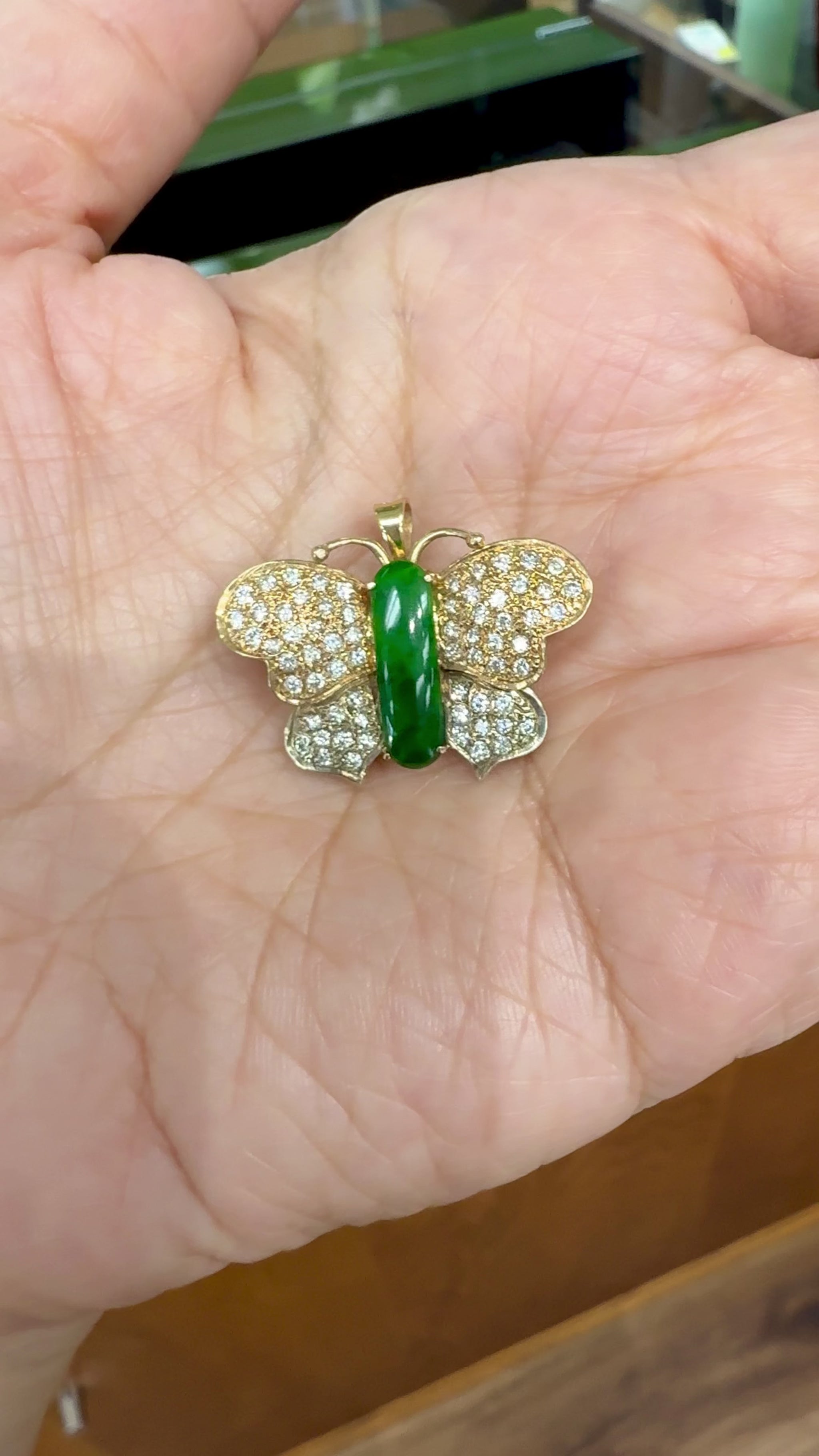 Vintage 1970's Jade Diamond Butterfly Brooch and Pendant 14k