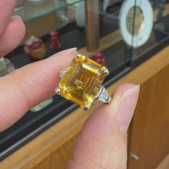 Emerald Cut Citrine and CZ Ring 14k White Gold